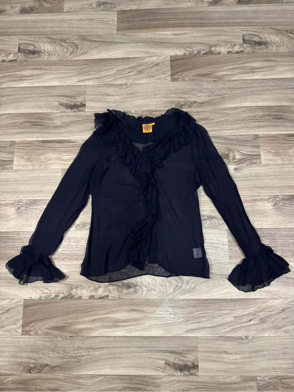 Tory Burch 100% Silk Sheer Ruffle-Trim Button Front Blouse in Navy Blue Size 8